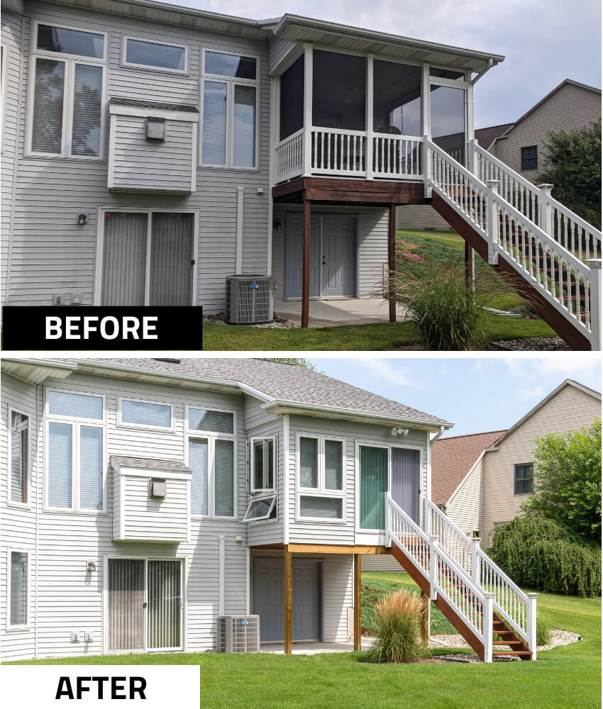 Before and after exterior view of three seasons room conversion by Odd Fellows Contracting in Holt, MI showing updated enclosed sunroom addition