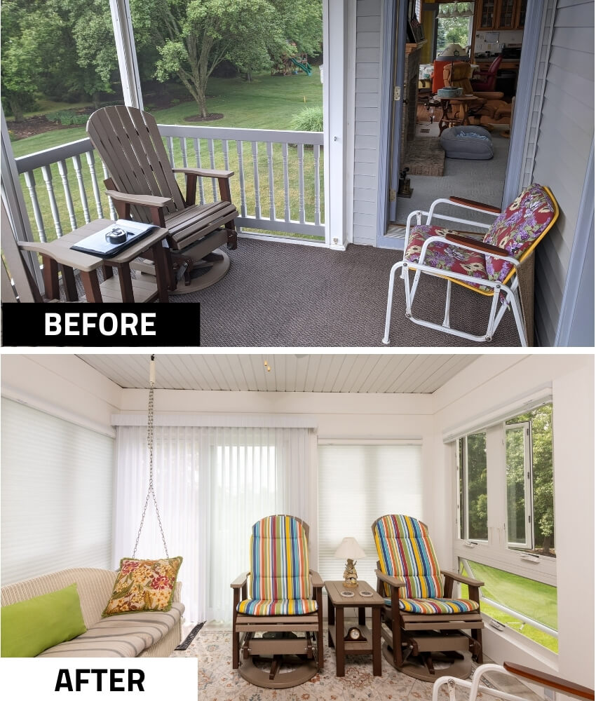 Before and after interior view of three seasons room conversion by Odd Fellows Contracting in Holt, MI with enclosed sunroom seating area