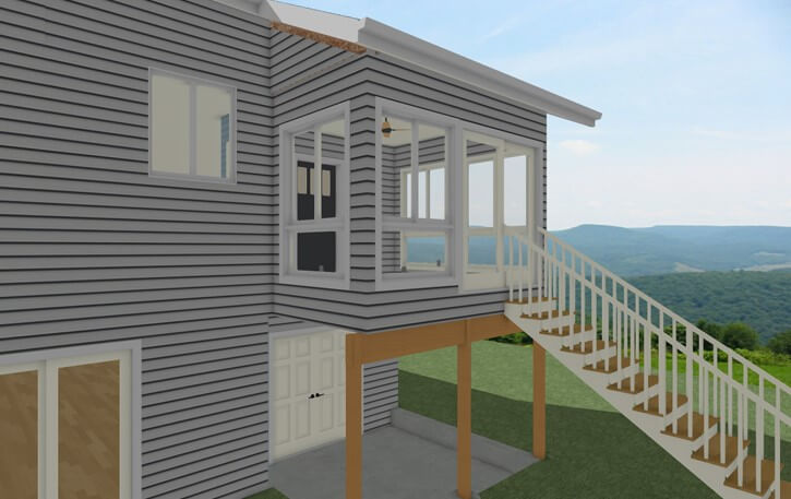 Side view architectural rendering of three seasons room conversion design by Odd Fellows Contracting in Holt, MI