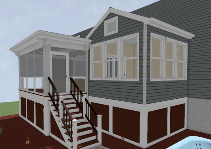 3D exterior rendering of planned three season room addition by Odd Fellows Contracting Okemos MI