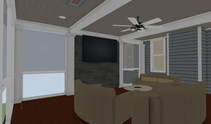3D interior rendering of three season room addition with seating and TV wall by Odd Fellows Contracting Okemos MI