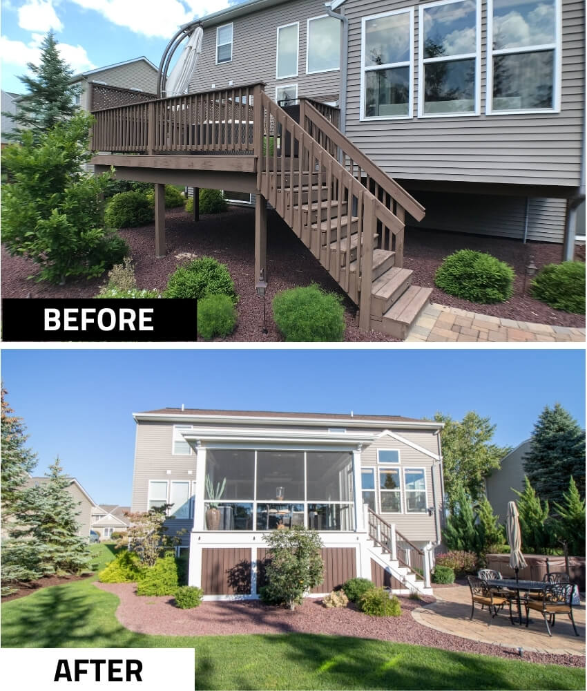 before and after deck conversion to three season room addition by Odd Fellows Contracting in Okemos MI