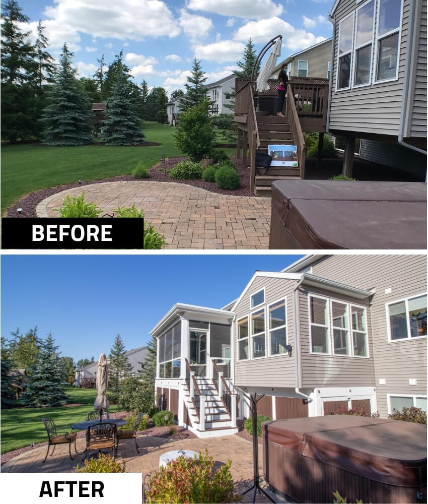 before and after deck replaced with three season room addition by Odd Fellows Contracting in Okemos MI