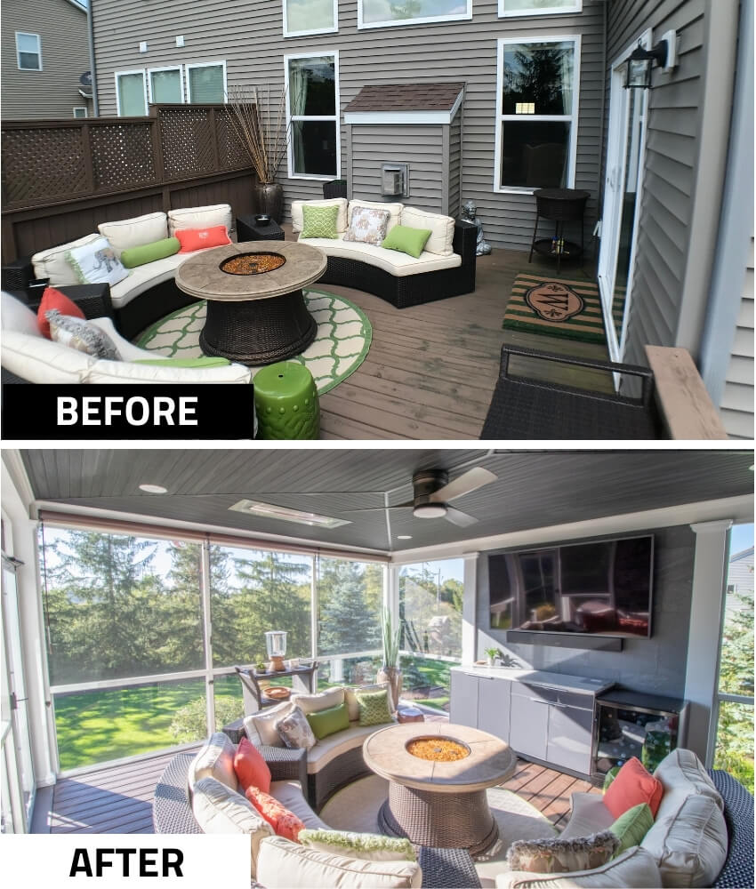 before and after outdoor deck upgraded to enclosed three season room by Odd Fellows Contracting Okemos MI