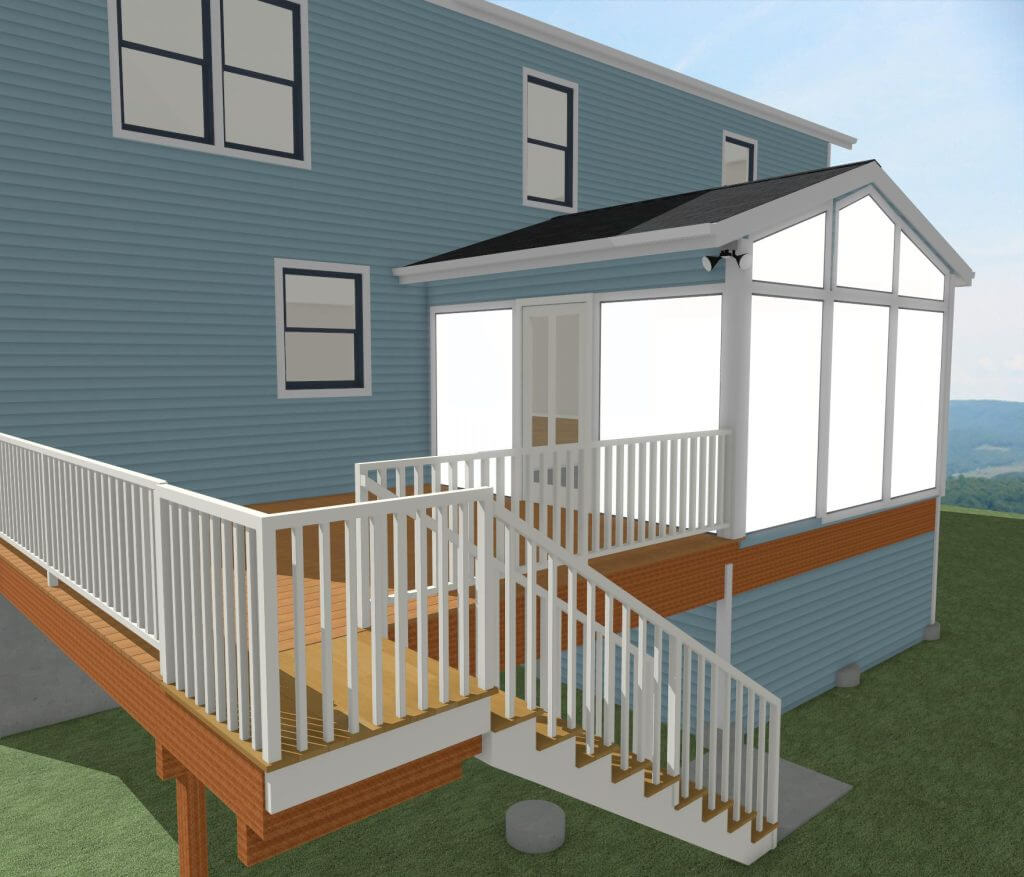3D rendering of deck and three season room addition design by Odd Fellows Contracting in Lansing MI