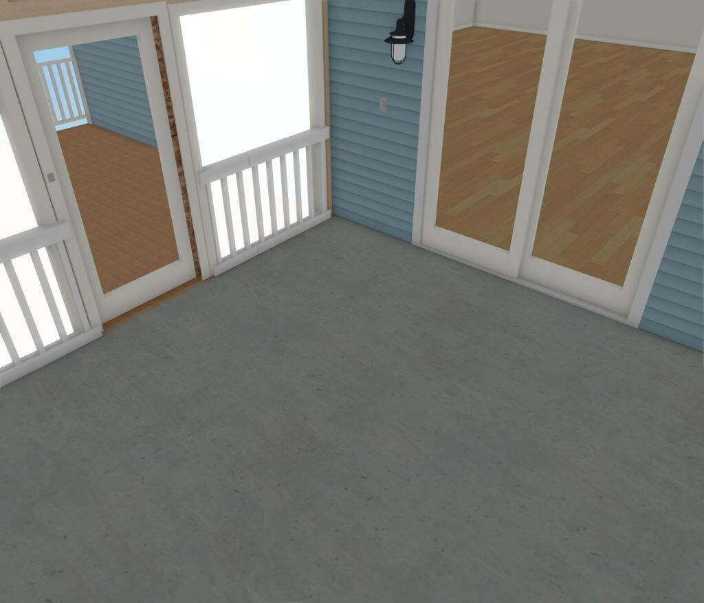 3D rendering of three season room interior layout by Odd Fellows Contracting in Lansing MI