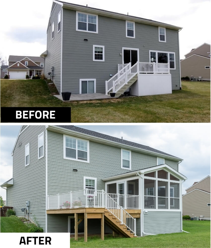 before and after deck and three season room addition by Odd Fellows Contracting in Lansing MI