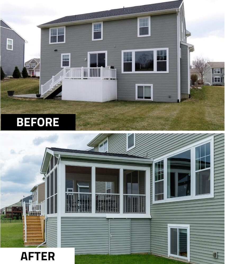 before and after exterior home renovation adding three season room and deck by Odd Fellows Contracting in Lansing MI