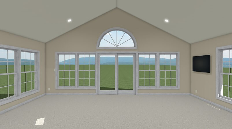3D interior rendering of family room addition with vaulted ceiling and large windows by Odd Fellows Contracting in Williamston MI