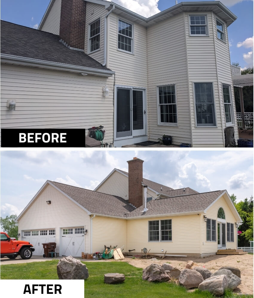 before and after exterior of family room addition project by Odd Fellows Contracting in Williamston MI