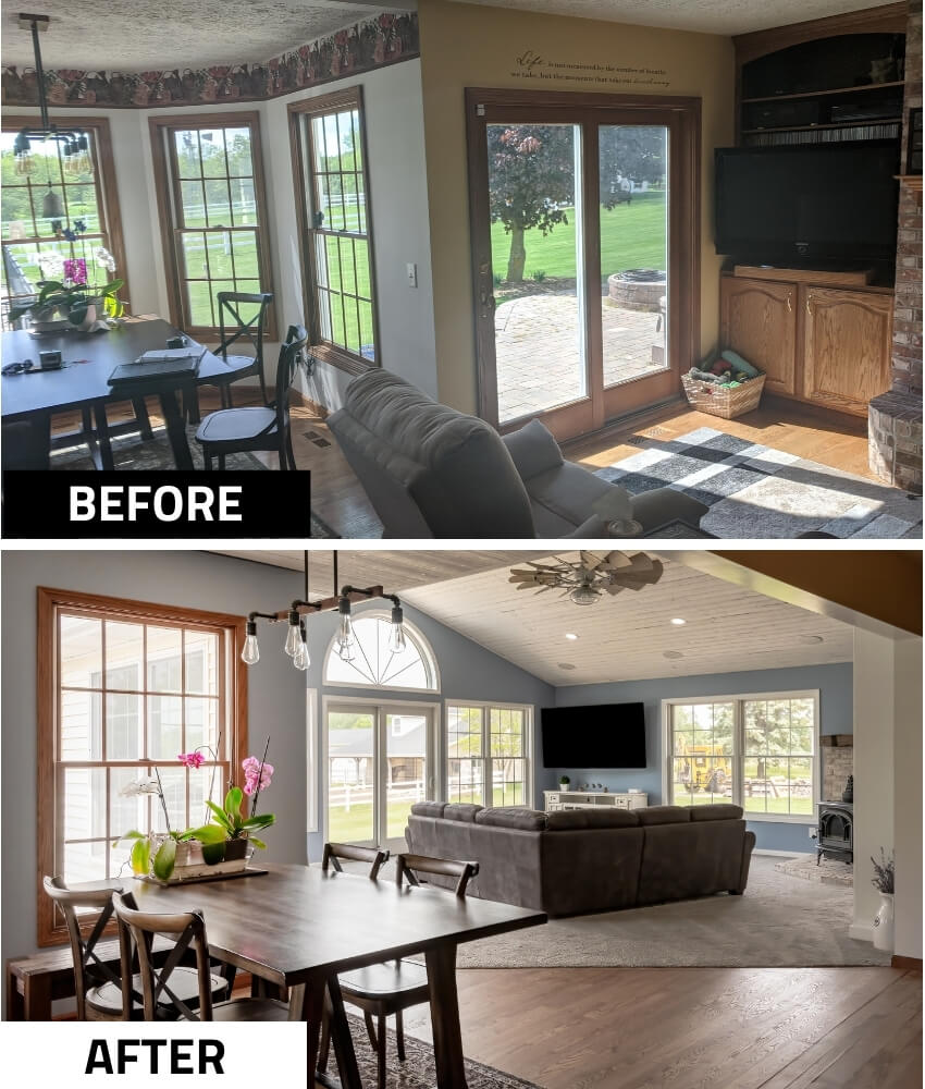 before and after interior transformation with new family room addition by Odd Fellows Contracting in Williamston MI