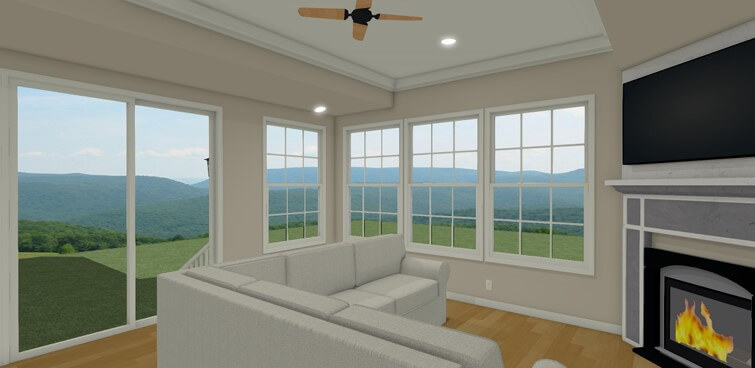 3D interior rendering of planned living room addition by Odd Fellows Contracting in East Lansing MI