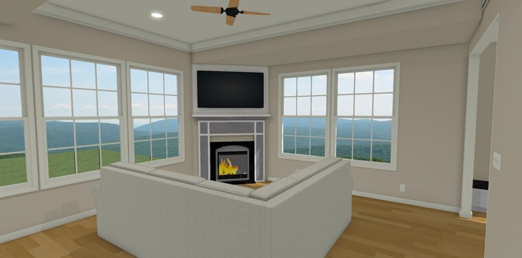 3D rendering of living room addition with fireplace and large windows by Odd Fellows Contracting in East Lansing MI