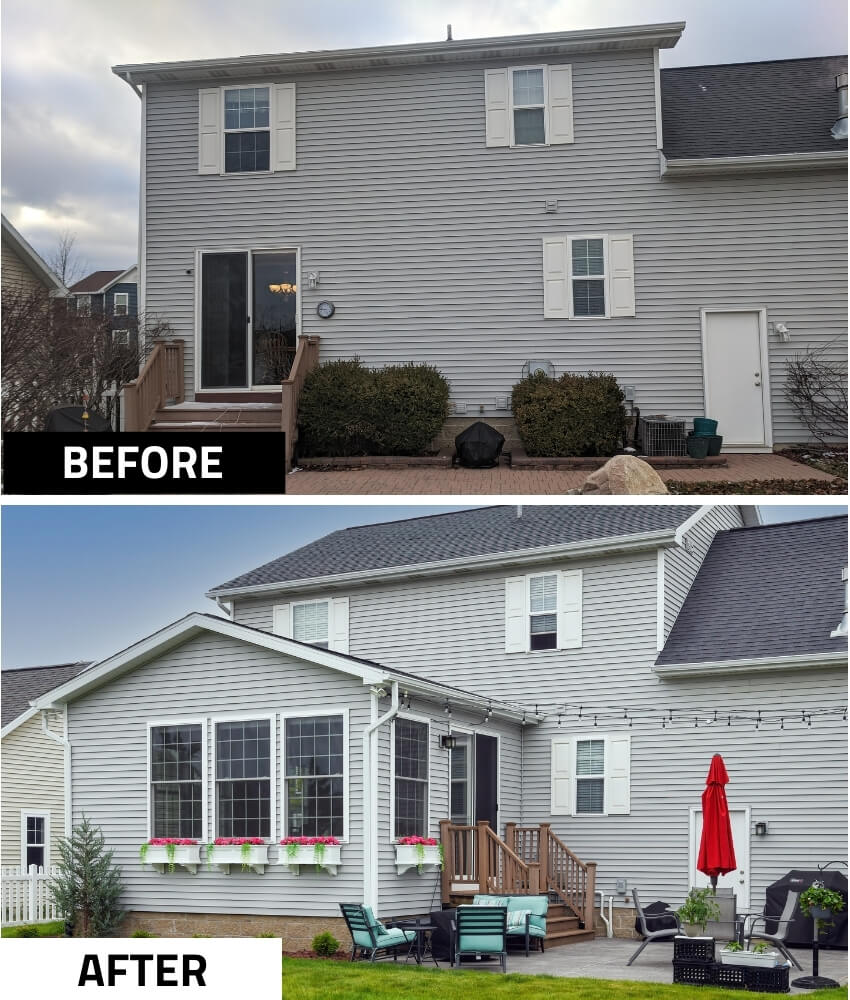 before and after exterior transformation with home addition by Odd Fellows Contracting in East Lansing MI