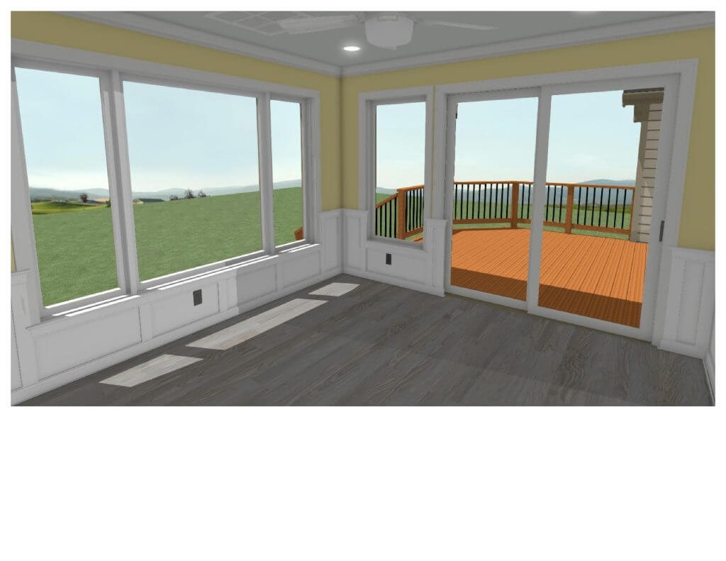 3D design rendering of sunroom connected to deck addition by Odd Fellows Contracting in Okemos, MI