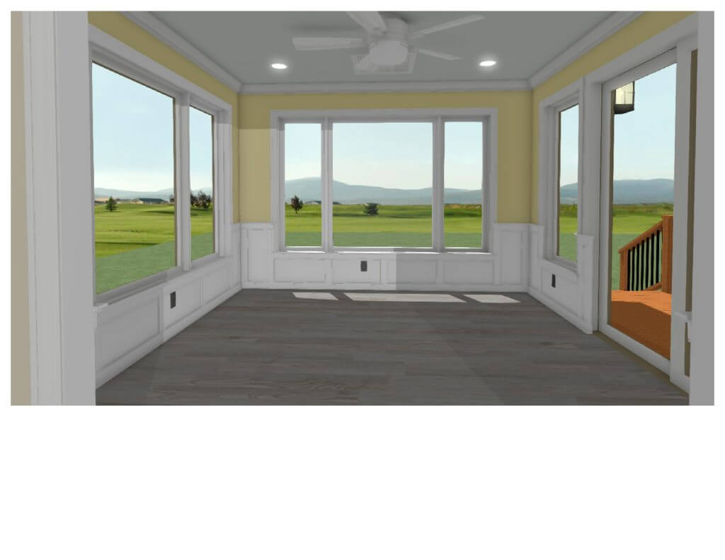3D rendering of sunroom addition overlooking backyard by Odd Fellows Contracting in Okemos, MI