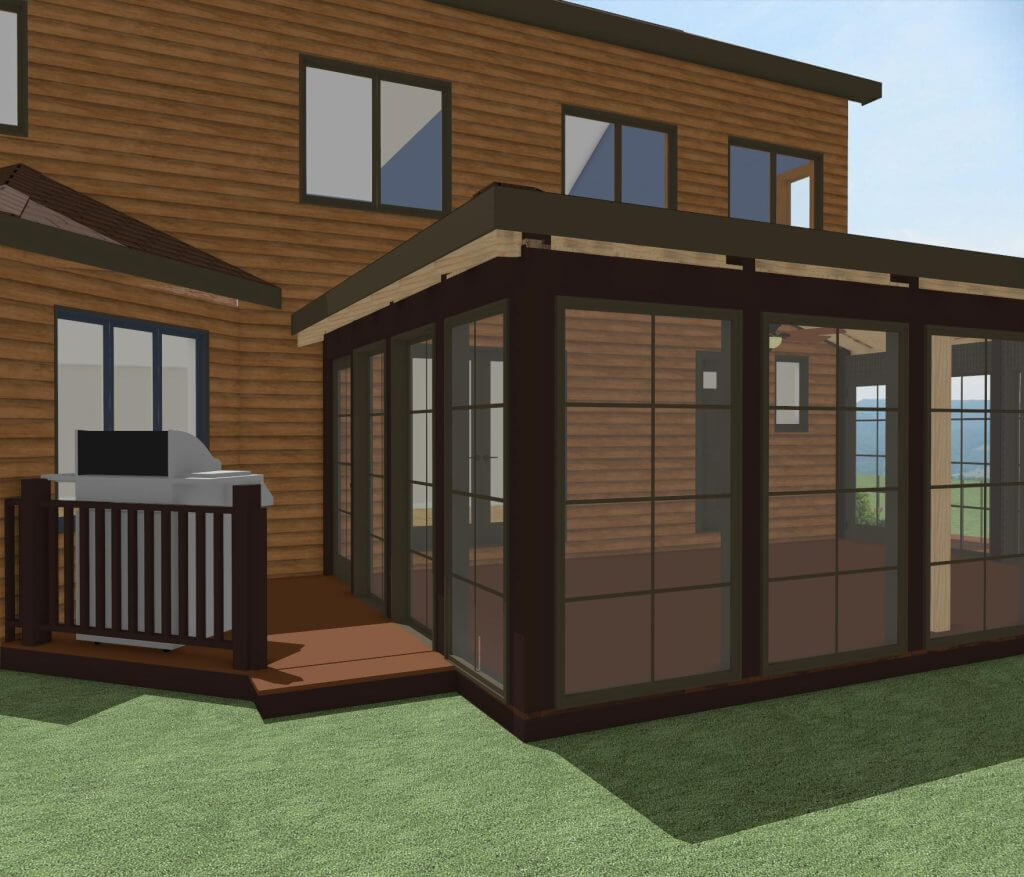 3D rendering of exterior three seasons room addition design by Odd Fellows Contracting in Grand Ledge MI