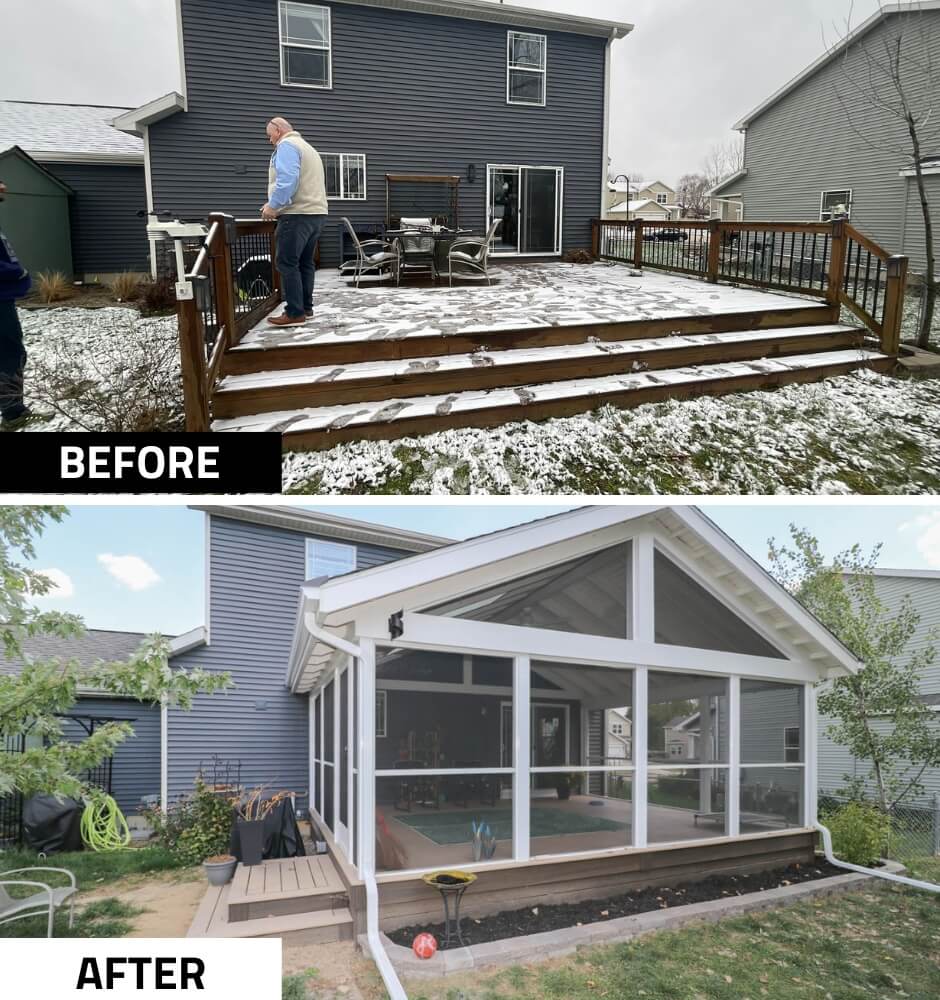 before sunroom construction by Odd Fellows Contracting on Cataline Drive, MI featuring elevated wooden deck