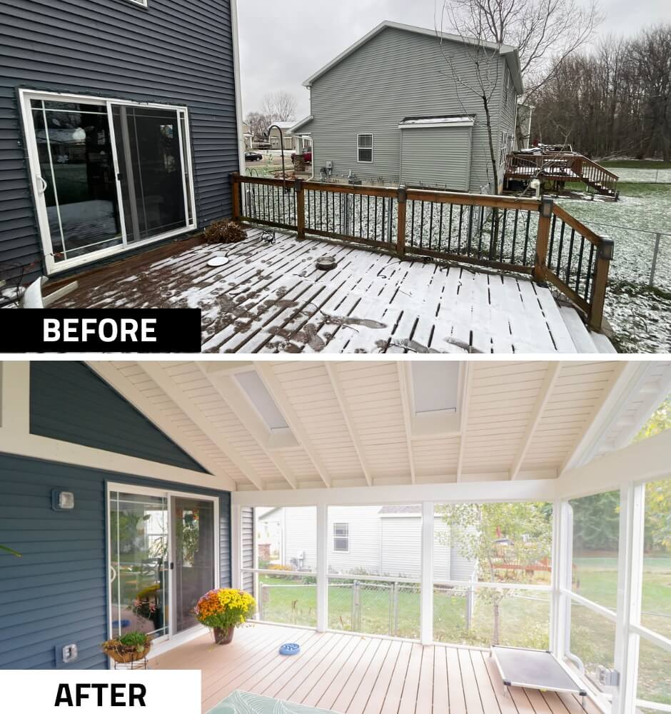 before sunroom remodel by Odd Fellows Contracting on Cataline Drive, MI showing existing deck and railing