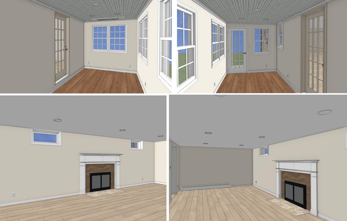 3D interior rendering of sunroom in Orchard-Street, MI planned by Odd Fellows Contracting with fireplace feature wall.