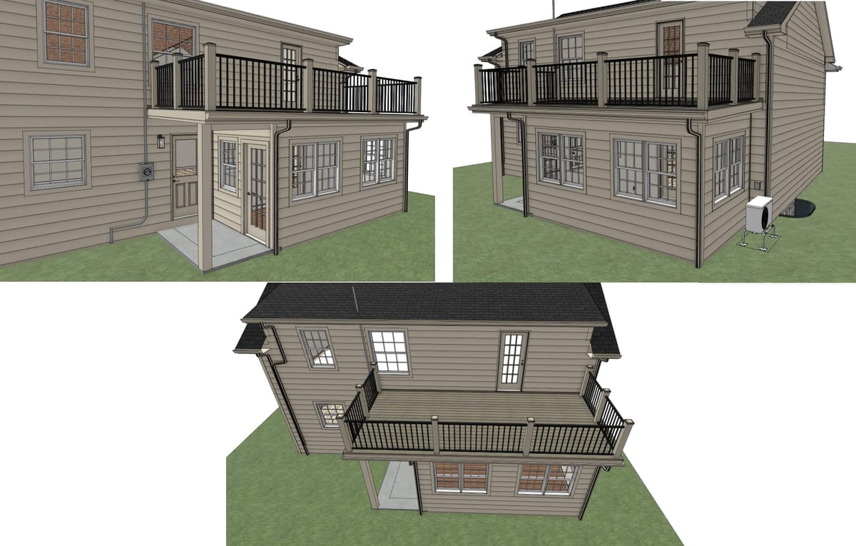3D rendering of sunroom addition by Odd Fellows Contracting in Orchard-Street, MI with upper deck design.