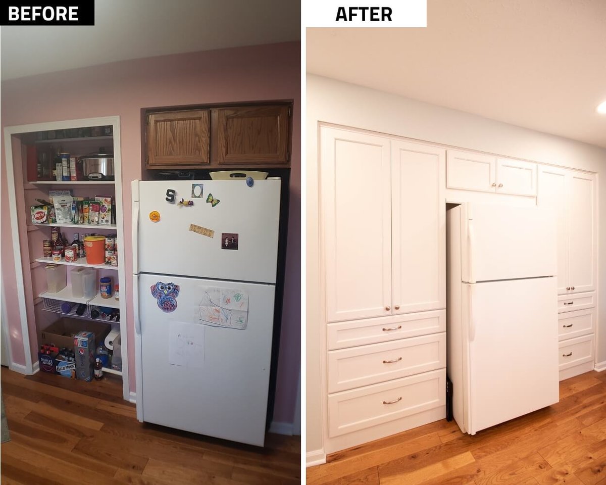 before and after kitchen remodel showing built-in refrigerator cabinetry by Odd Fellows Contracting in Onondaga, MI