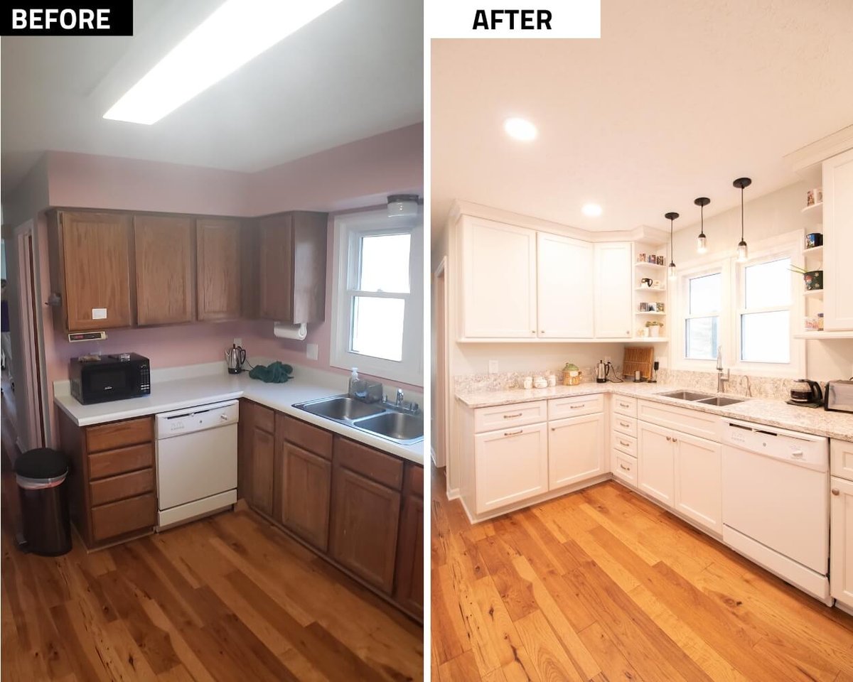 before and after kitchen remodel with new white cabinets and countertops by Odd Fellows Contracting in Onondaga, MI