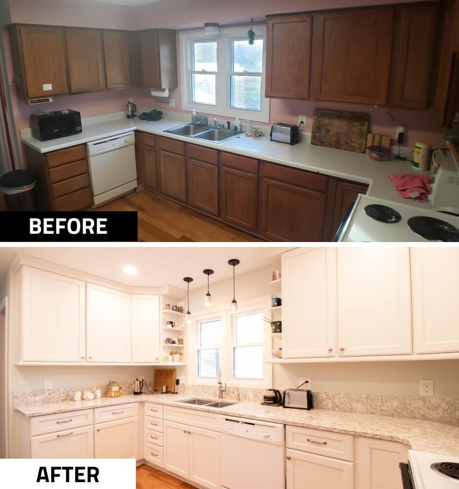 before and after kitchen remodel with white shaker cabinets and quartz countertops by Odd Fellows Contracting in Onondaga, MI