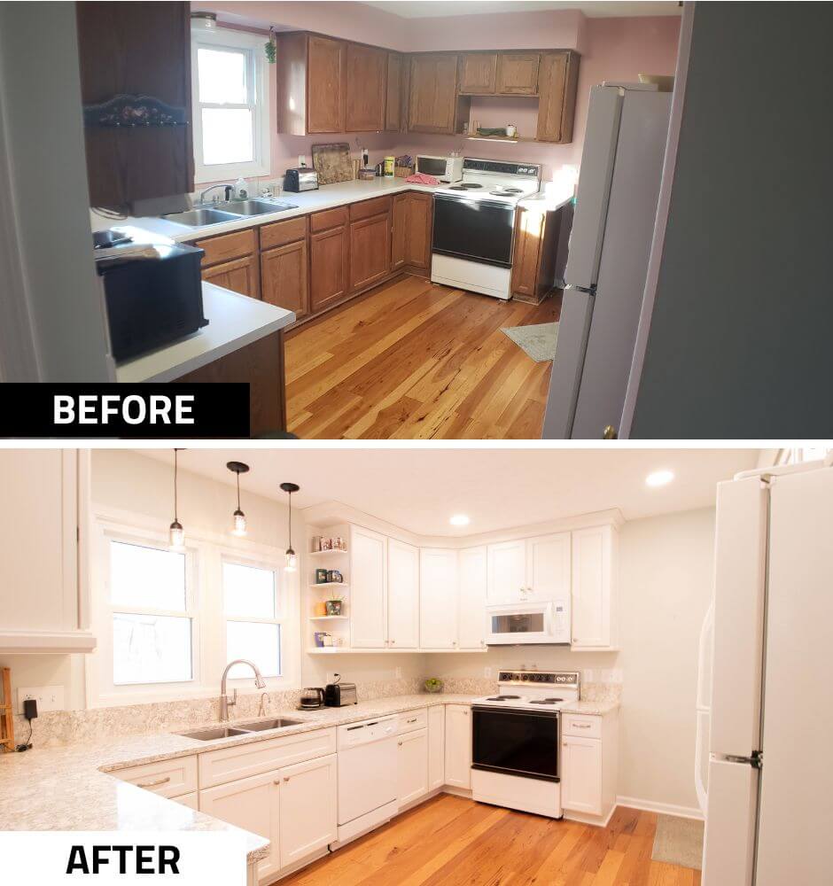 side by side before and after kitchen remodel by Odd Fellows Contracting in Onondaga, MI