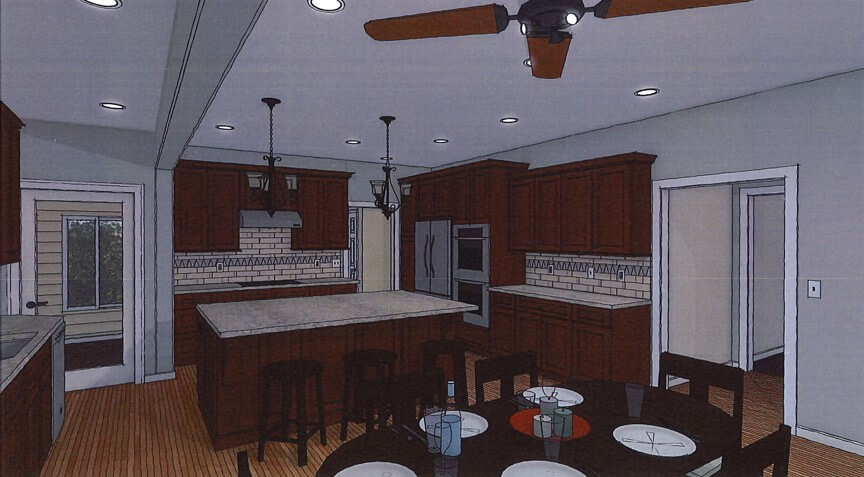 3D kitchen remodel rendering showing island seating and cabinetry layout by Odd Fellows Contracting in Okemos, MI