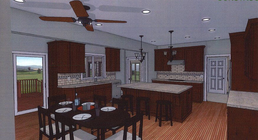 3D kitchen renovation concept rendering showing cabinet layout by Odd Fellows Contracting in Okemos, MI
