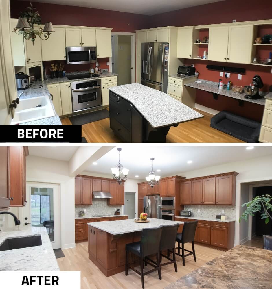 before and after kitchen remodel with custom wood cabinetry and large island by Odd Fellows Contracting in Okemos, MI