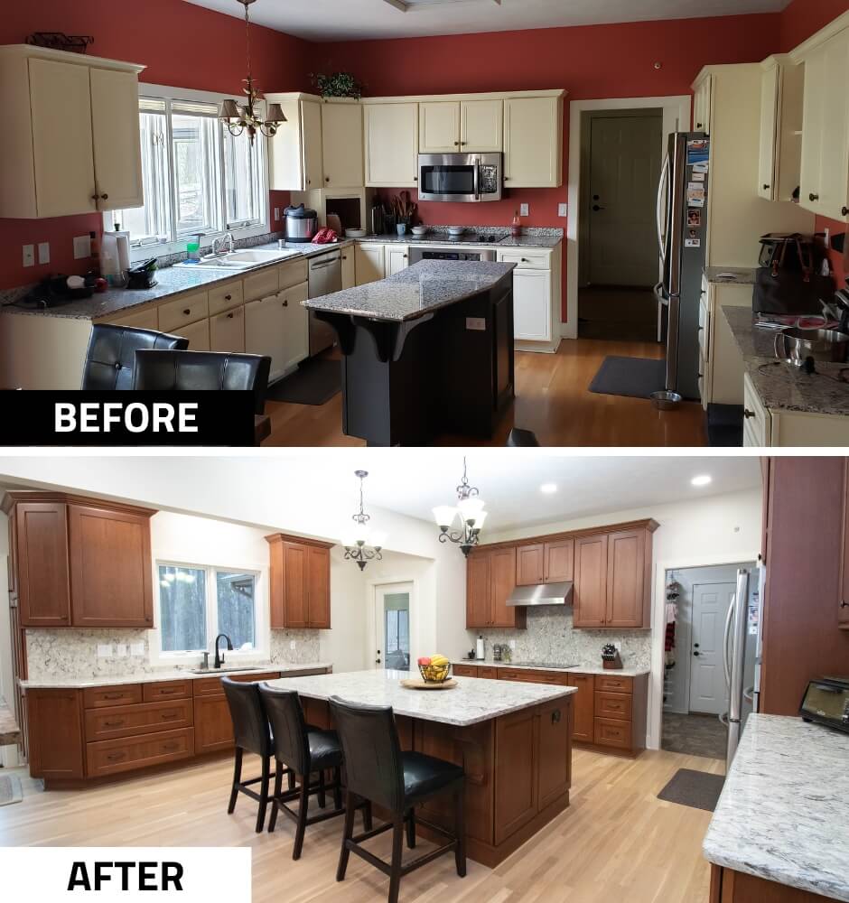 before and after kitchen remodel with expanded island and wood cabinets by Odd Fellows Contracting in Okemos, MI