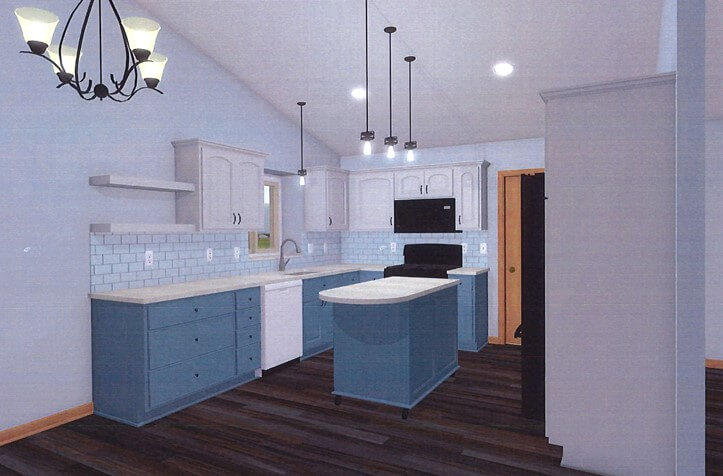 3D kitchen remodel planning rendering showing cabinet and island design by Odd Fellows Contracting in Charlotte, MI
