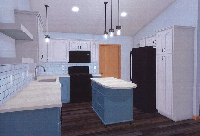 3D kitchen renovation concept rendering with cabinet and island layout by Odd Fellows Contracting in Charlotte, MI