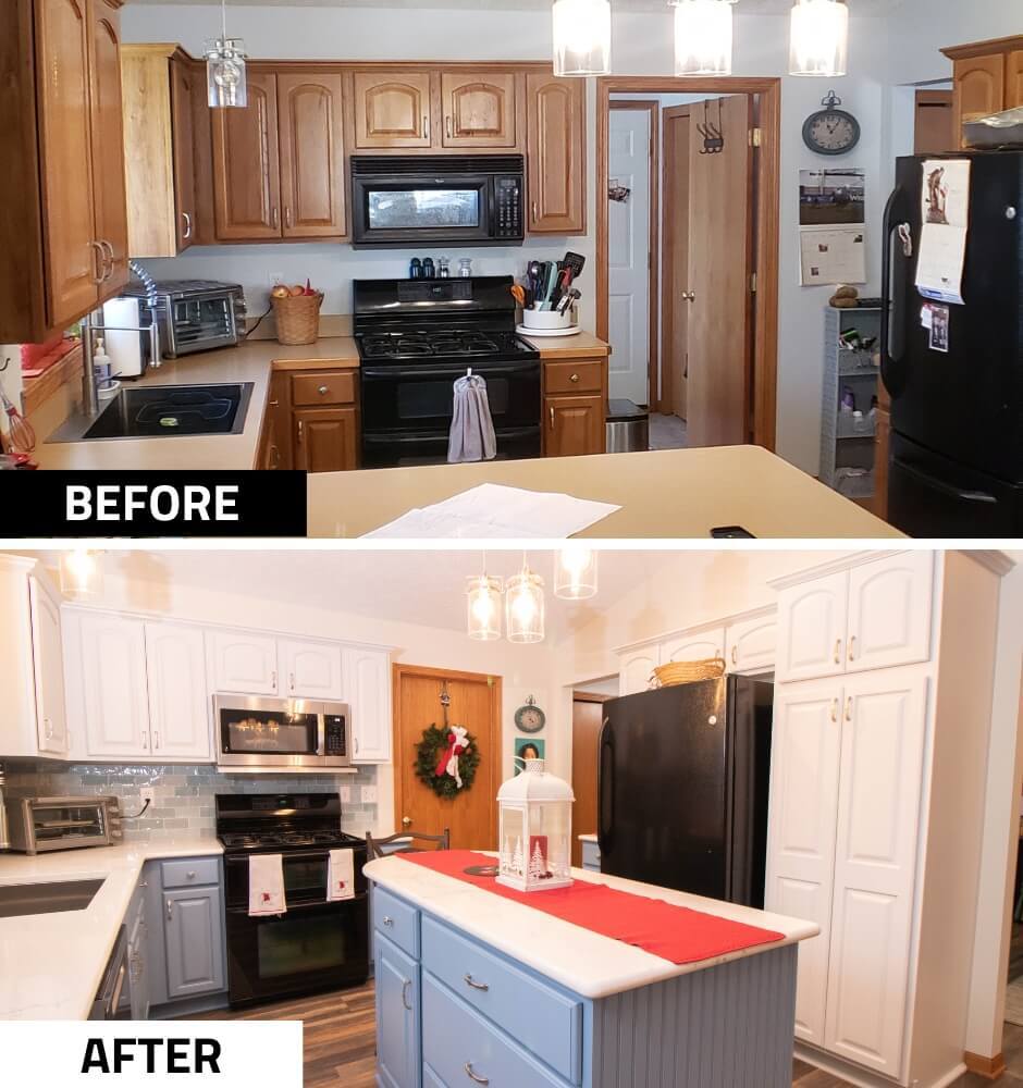 before and after kitchen remodel with updated cabinets and center island by Odd Fellows Contracting in Charlotte, MI