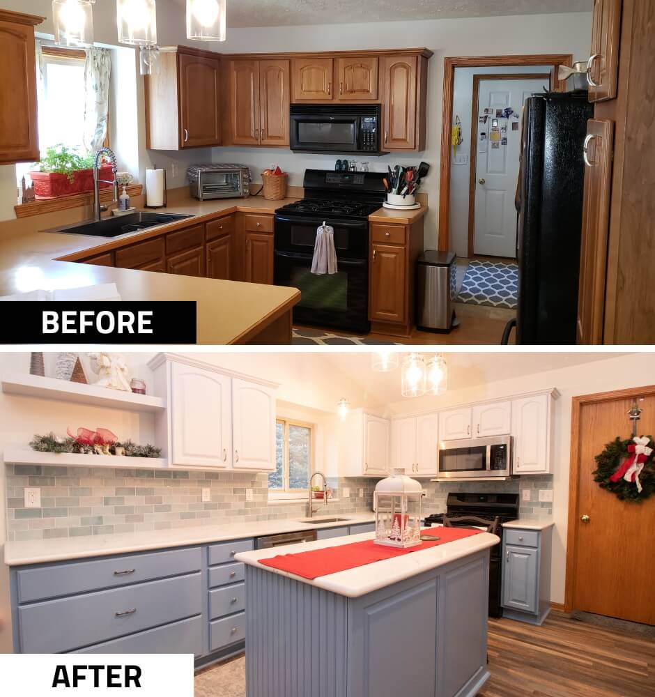 before and after kitchen remodel with updated cabinets and island by Odd Fellows Contracting in Charlotte, MI