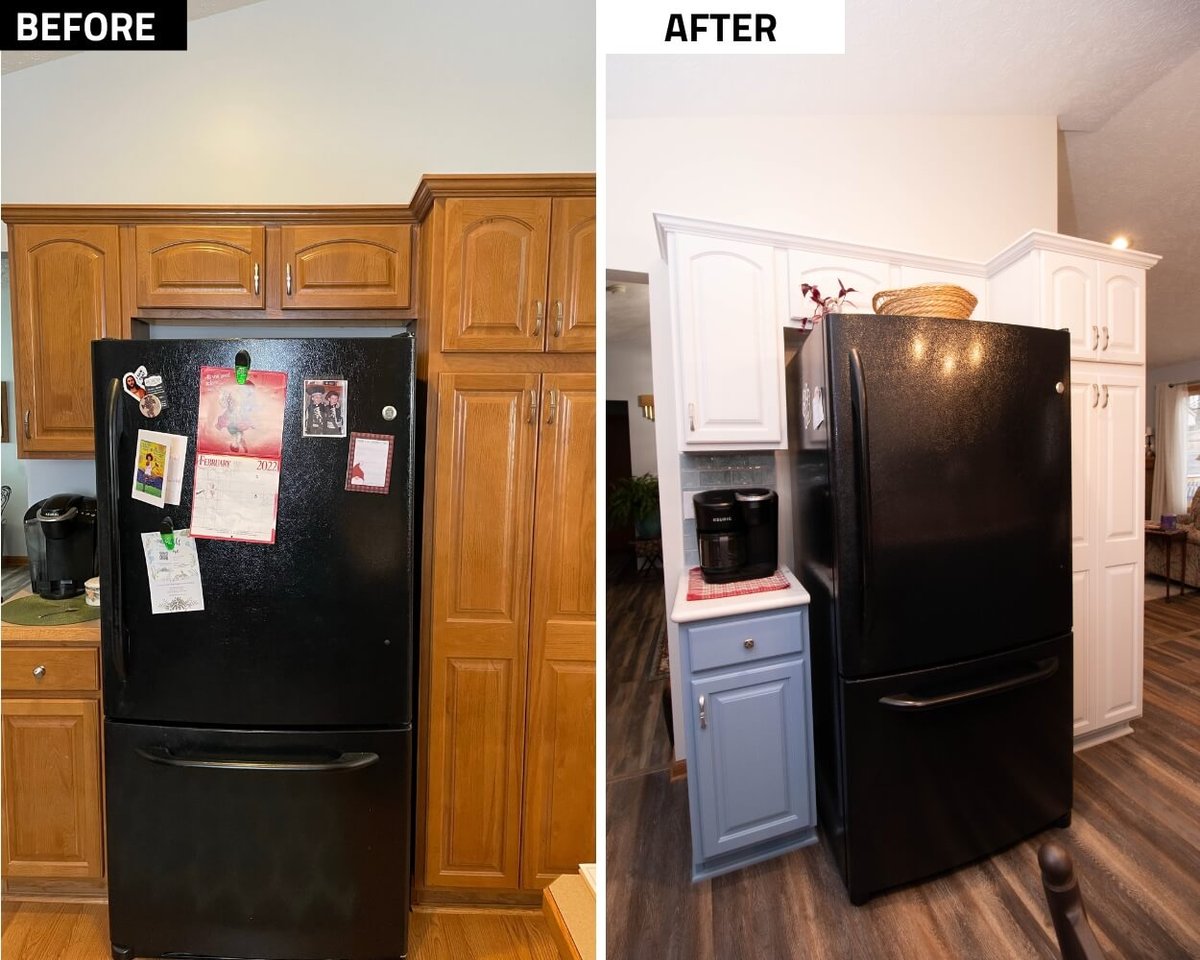before and after refrigerator cabinet update in kitchen remodel by Odd Fellows Contracting in Charlotte, MI