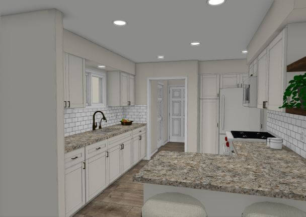 3D kitchen remodel rendering with white cabinets and large peninsula by Odd Fellows Contracting in Eaton Rapids, MI