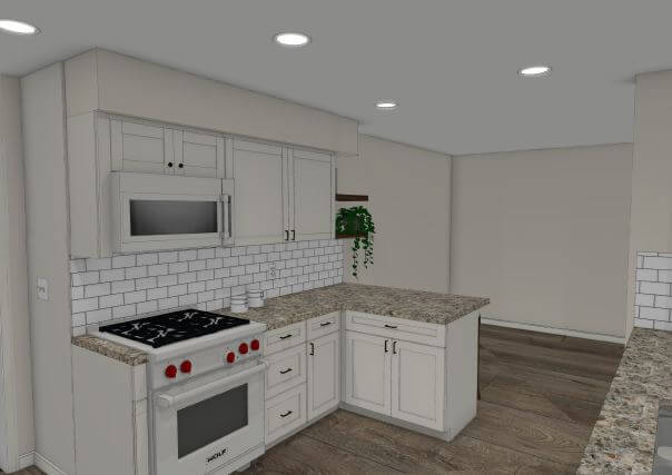 3D kitchen renovation rendering with peninsula countertop and cabinetry by Odd Fellows Contracting in Eaton Rapids, MI