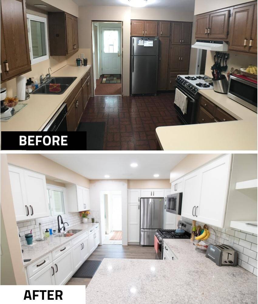 Before and after galley kitchen remodel with white cabinets and updated flooring by Odd Fellows Contracting in Eaton Rapids, MI