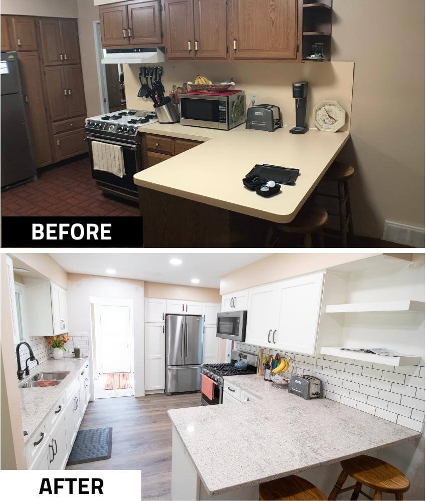 Before and after kitchen remodel with white shaker cabinets and quartz countertops by Odd Fellows Contracting in Eaton Rapids, MI