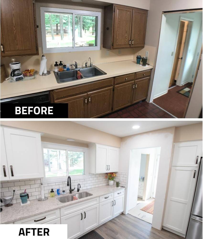 Before and after kitchen sink area remodel with white cabinets and subway tile backsplash by Odd Fellows Contracting in Eaton Rapids, MI