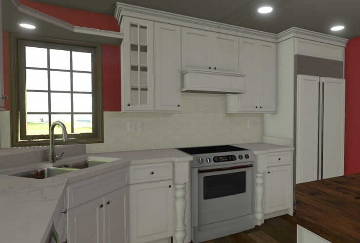 3D kitchen remodel rendering featuring custom cabinets, corner sink, and range with tile backsplash by Odd Fellows Contracting in Okemos, MI
