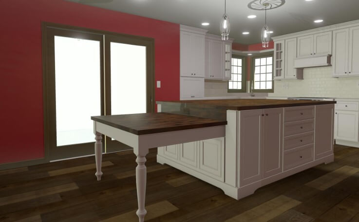 3D kitchen renovation rendering featuring island seating and custom cabinet layout by Odd Fellows Contracting in Okemos, MI