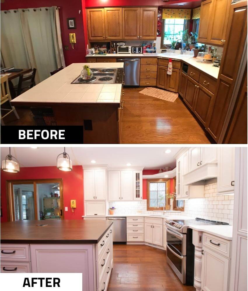 before and after kitchen remodel featuring new island workspace and bright white cabinetry by Odd Fellows Contracting in Okemos, MI