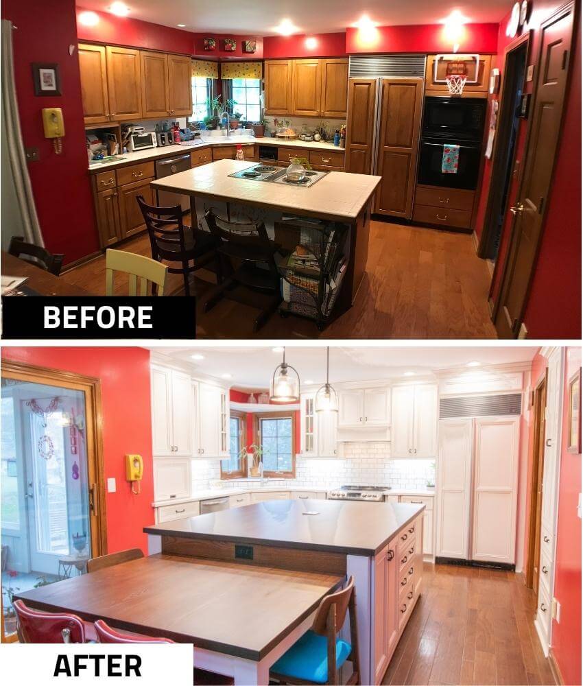 before and after kitchen remodel featuring updated white cabinetry and large island by Odd Fellows Contracting in Okemos, MI