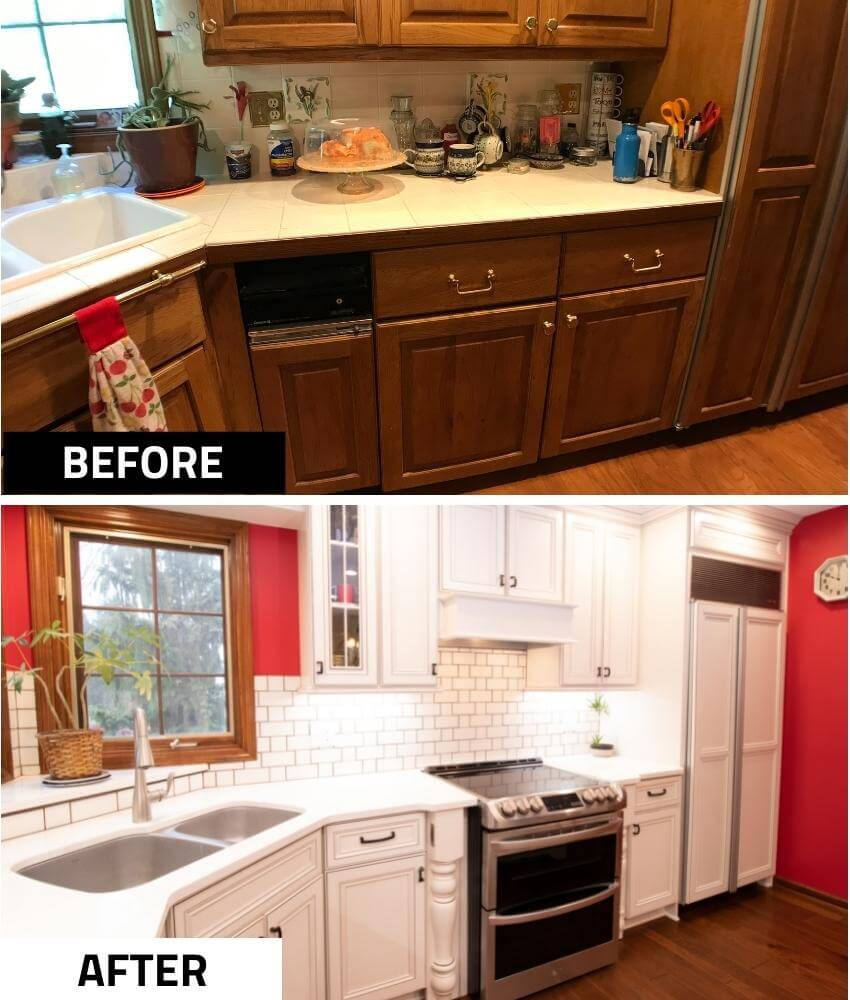 before and after kitchen remodel showing updated white cabinets, subway tile backsplash, and stainless steel range by Odd Fellows Contracting in Okemos, MI