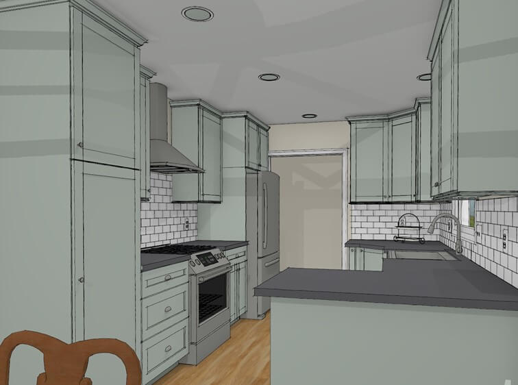 3D kitchen renovation rendering featuring custom cabinetry and island workspace by Odd Fellows Contracting in Williamston, MI