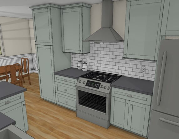 3D kitchen renovation rendering showing stove area with subway tile backsplash and cabinets by Odd Fellows Contracting in Williamston, MI